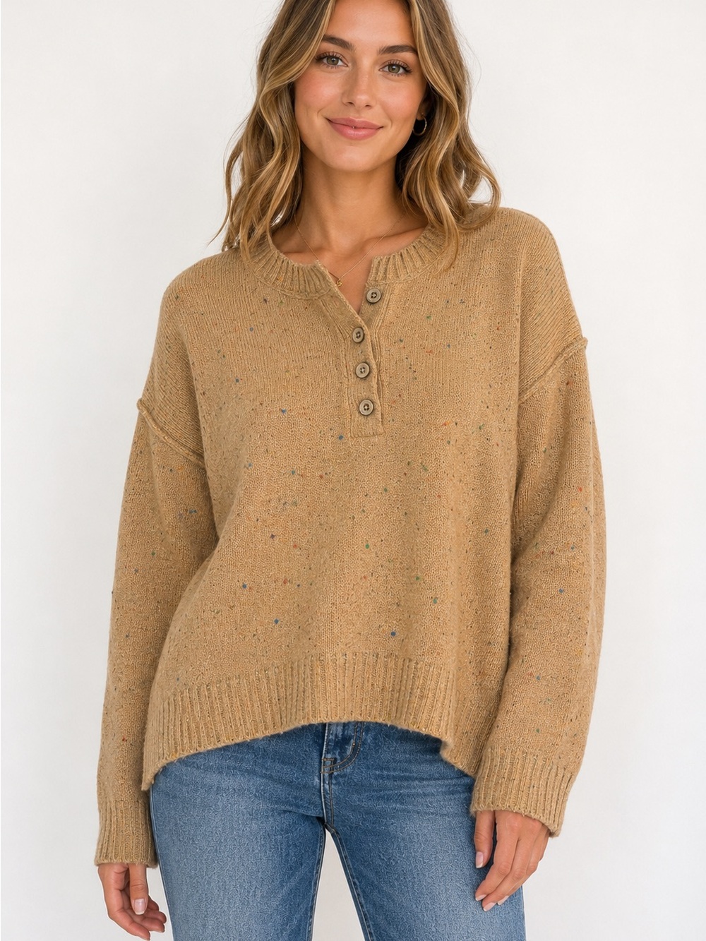 Blu Pepper Camel Button-Neck Sweater knit Henley oversized multicolor medium